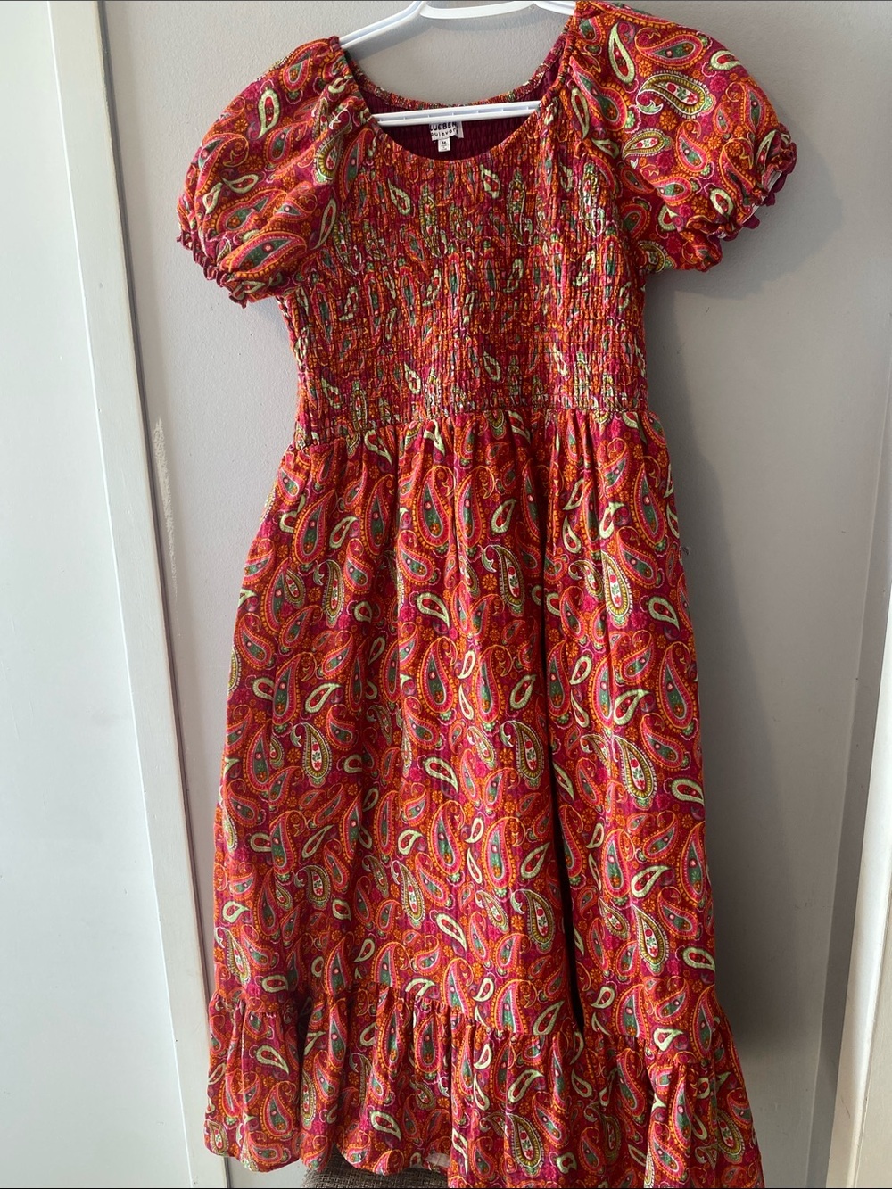Blueberi Boulevard Paisley Pink Orange Puff Sleeve Ruffle Hem Maxi Dress Medium